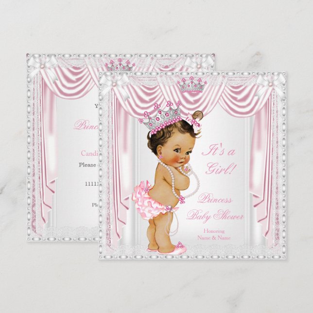 Invitación Princess Baby Shower Pink Satin Lace de piel media (Anverso / Reverso)