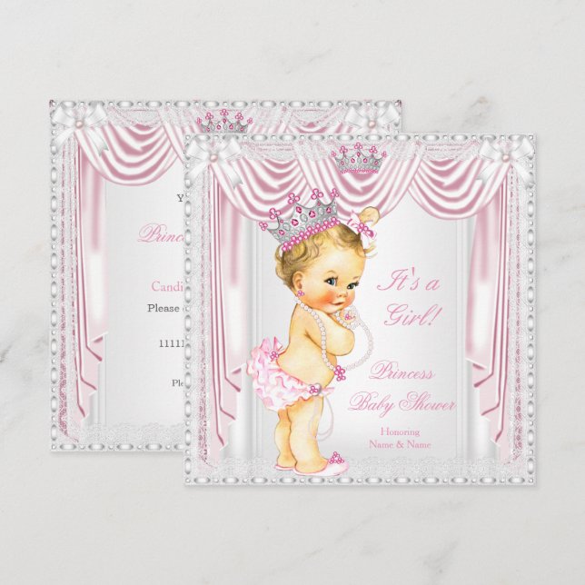 Invitación Princess Baby Shower Pink Satin Lace Light Skin (Anverso / Reverso)