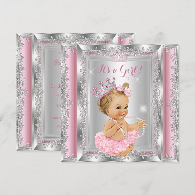 Invitación Princess Baby Shower Pink Silver Tutu Blonde (Anverso / Reverso)