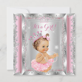 Invitación Princess Baby Shower Pink Silver Tutu Brunette