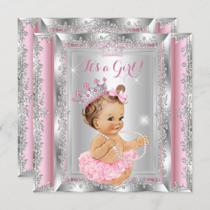 Invitación Princess Baby Shower Pink Silver Tutu Brunette