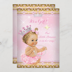 Invitación Princess Baby Shower Pink Tutu Gold Tiara Blonde