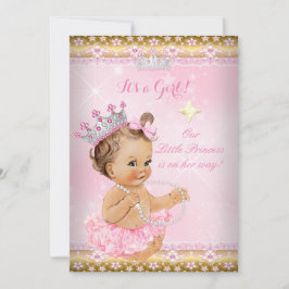 Invitación Princess Baby Shower Pink Tutu Gold Tiara Brunette