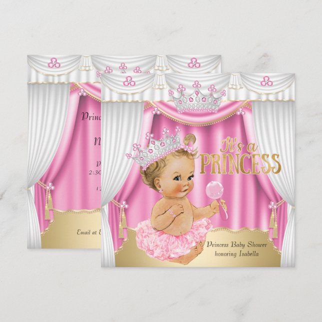 Invitación Princess Baby Shower Pink White Gem Gold Blonde (Anverso / Reverso)
