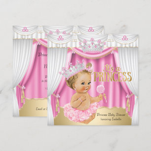 Invitación Princess Baby Shower Pink White Gem Gold Blonde