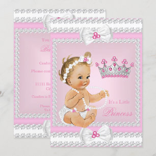 Invitación Princess Baby Shower Pink White Pearls se dobla la