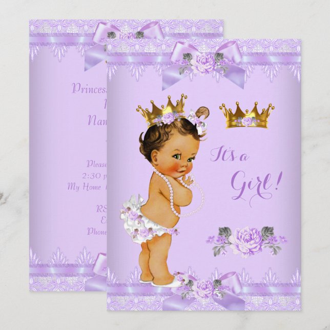 Invitación Princess Baby Shower Purple Rosa Lace Brunette (Anverso / Reverso)
