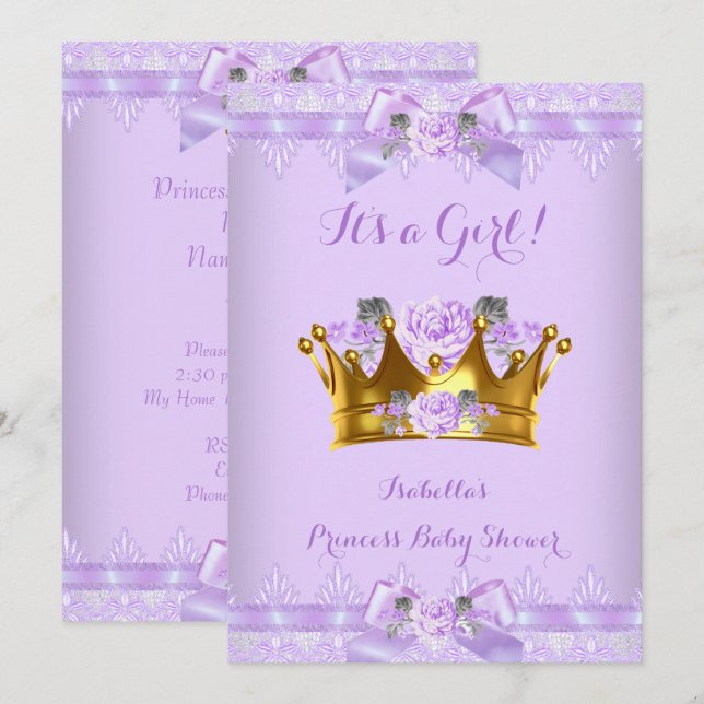 Invitación Princess Baby Shower Purple Rosa Lavender Lace (Anverso / Reverso)
