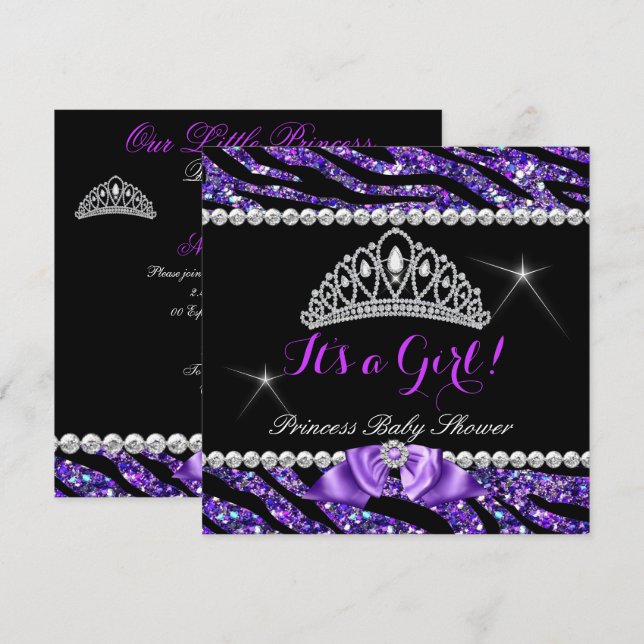 Invitación Princess Baby Shower Purpurina Purple Zebra Bow (Anverso / Reverso)
