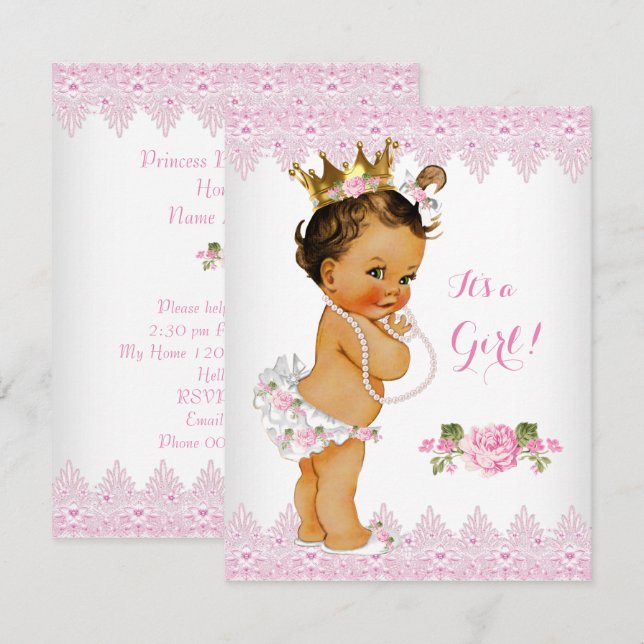 Invitación Princess Baby Shower Rosa Lace White Brunette (Anverso / Reverso)