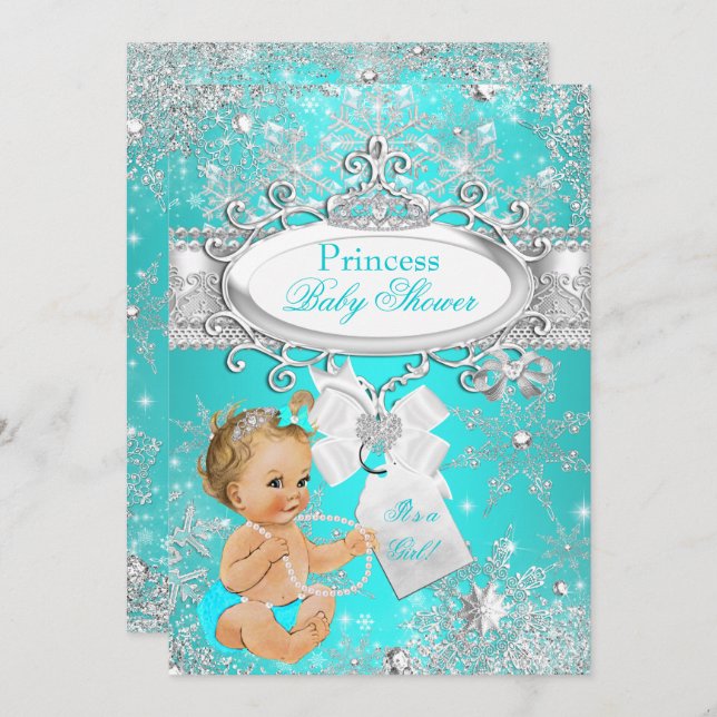 Invitación Princess Baby Shower Snowflakes Aqua Blonde (Anverso / Reverso)