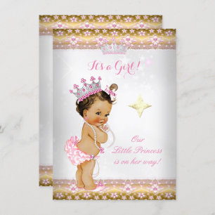 Invitación Princess Baby Shower White Gold Tiara Brunett
