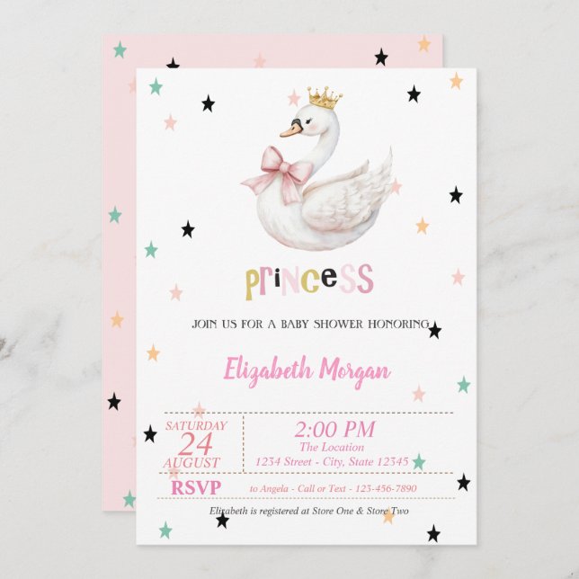 Invitación Princess Baby Swan, Stars Baby Shower (Anverso / Reverso)
