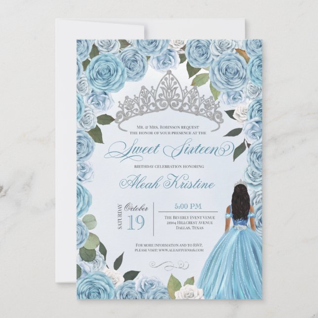 Invitación Princess Ball Blue Rosas Dulce 16 Cumpleaños (Anverso)