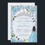 Invitación Princess Ball Blue Rosas Dulce 16 Cumpleaños<br><div class="desc">Celebra el 16º cumpleaños con este magnífico tema de princesa floral ccinderella azul floral invitación! Con hermosos rosas de color azul cielo y hielo, una glamurosa tiara de plata y un hermoso chica en su vestido de princesa, esta invitación hará las delicias de sus invitados con anticipación. Este diseño es...</div>