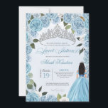 Invitación Princess Ball Blue Rosas Dulce 16 Cumpleaños<br><div class="desc">Celebra el 16º cumpleaños con este magnífico tema de princesa floral ccinderella azul floral invitación! Con hermosos rosas de color azul cielo y hielo, una glamurosa tiara de plata y un hermoso chica en su vestido de princesa, esta invitación hará las delicias de sus invitados con anticipación. Este diseño es...</div>