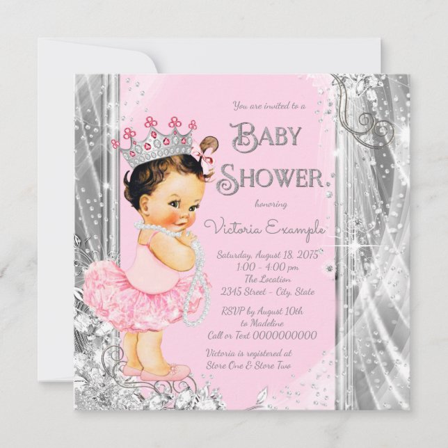 Invitación Princess Ballerina Baby Shower Plata Rosa (Anverso)