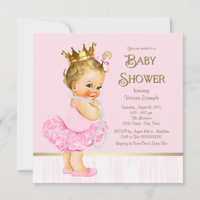 Invitación Princess Ballerina Pink Gold Baby Shower (Anverso)