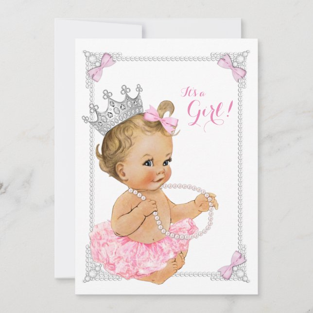 Invitación Princess Ballerina Pink Tutu Bow Pearl Baby Shower (Anverso)