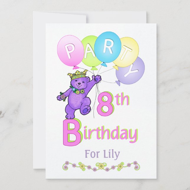 Invitación Princess Bear 8th Birday Party Custom Name (Anverso)