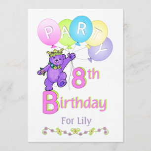 Invitación Princess Bear 8th Birday Party Custom Name