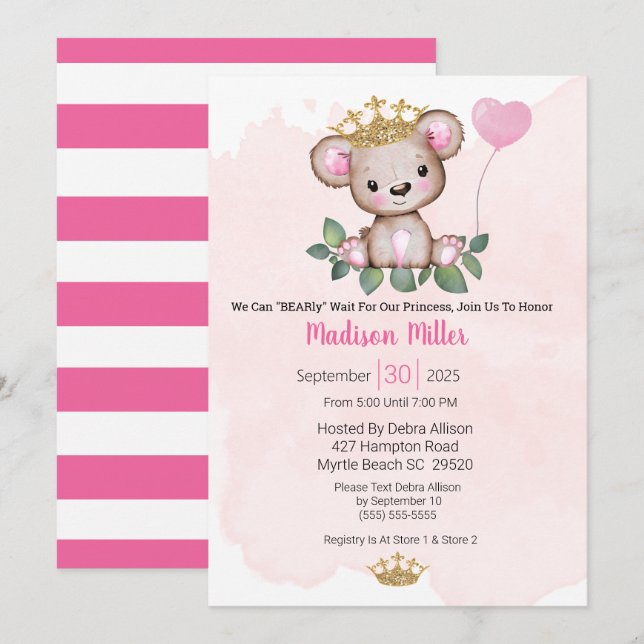Invitación Princess Bear Pink Baby Shower (Anverso / Reverso)
