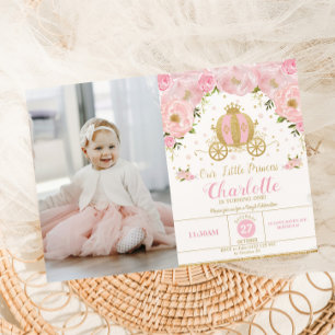 Invitación Princess Birday Party Carrito Foto Floral Rosa
