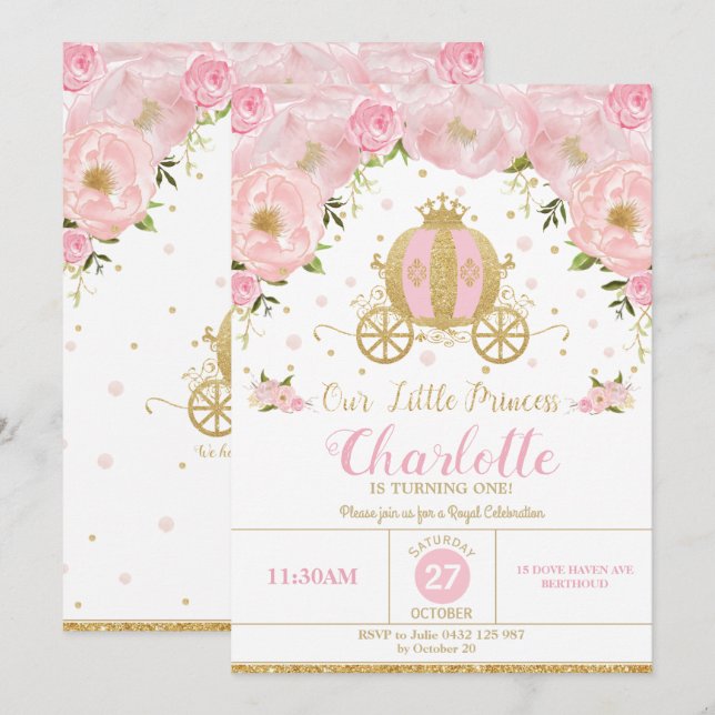 Invitación Princess Birthday Party Carrito Floral Rosa (Anverso / Reverso)