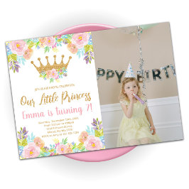 Invitación Princess Birthday with Photo, Purpurina Floral Ros