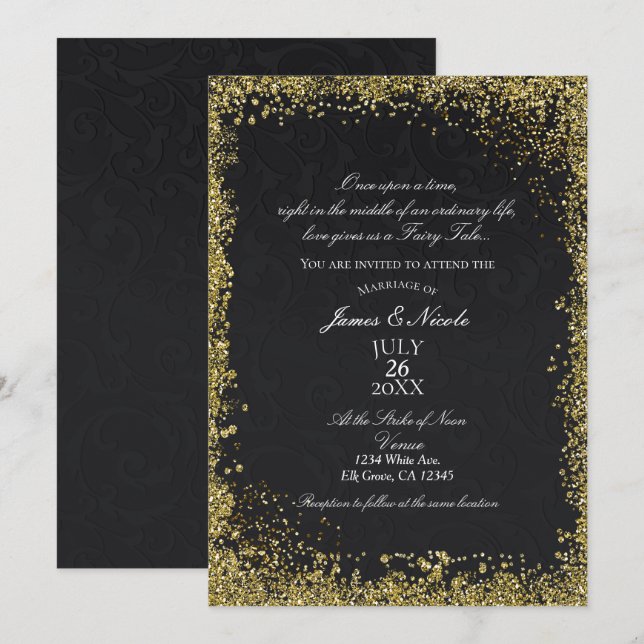 Invitación Princess Black Damask Elegant Storybook Boda (Anverso / Reverso)