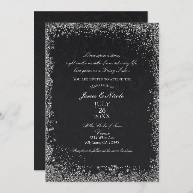 Invitación Princess Black Damask Elegant Storybook Boda (Anverso / Reverso)