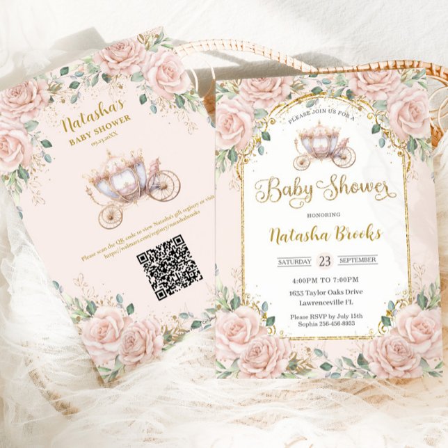 Invitación Princess Carriage Rubor Pink Floral Baby Shower (Subido por el creador)