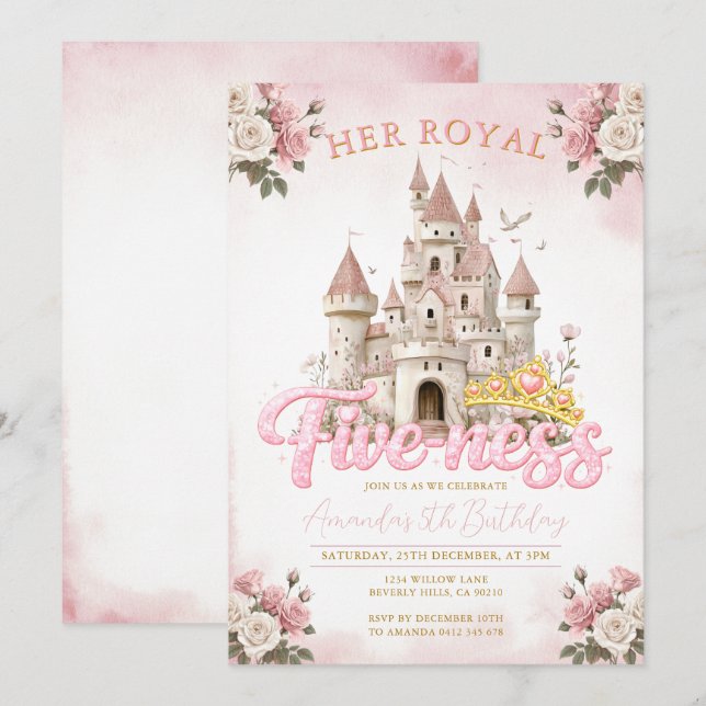 Invitación Princess Castillo 5.º Cumpleaños Five-ness Real  (Anverso / Reverso)