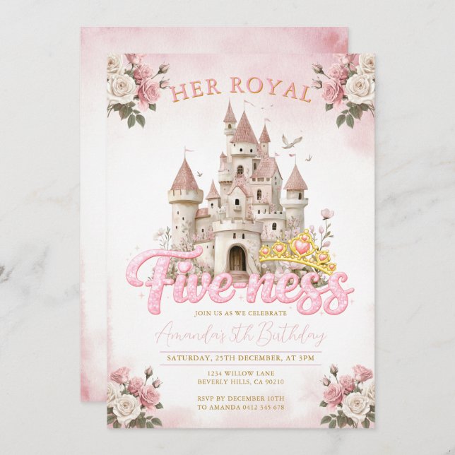 Invitación Princess Castle 5th Birthday Five-ness Royal  (Anverso / Reverso)