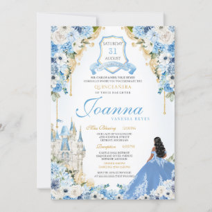 Invitación Princess Castle Blue Cinderella Quinceanera v2