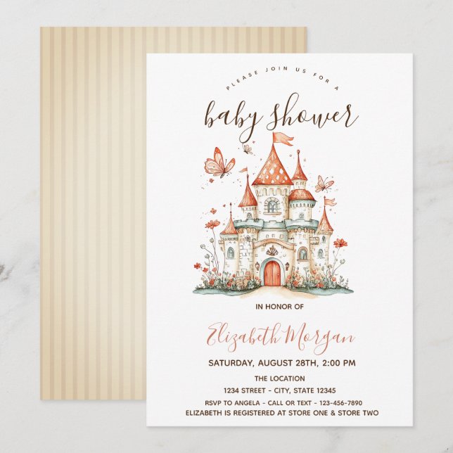 Invitación Princess Castle Butterflies Stripes Baby Shower (Anverso / Reverso)