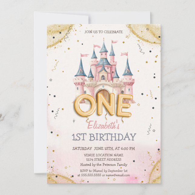 Invitación Princess Castle Confetti Watercolor 1st Birthday (Anverso)