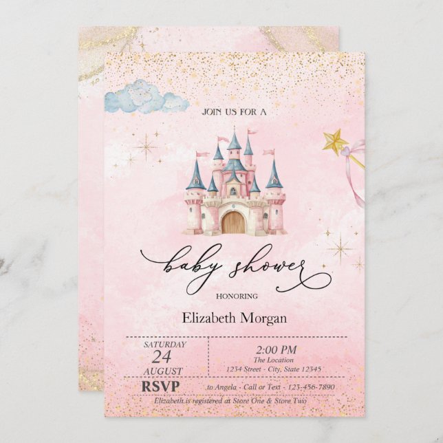 Invitación Princess Castle Gold Dust Pink Baby Shower   (Anverso / Reverso)