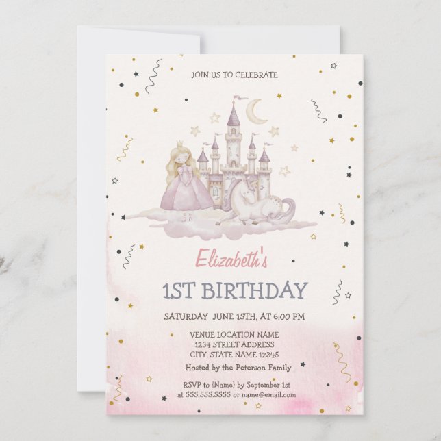 Invitación Princess Castle Pony Watercolor (Anverso)