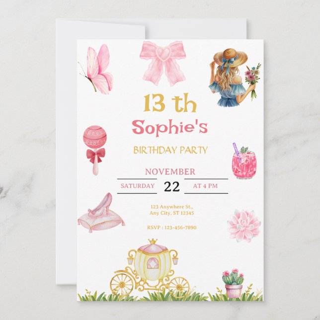 Invitación Princess cinderella birthday  for girls (Anverso)