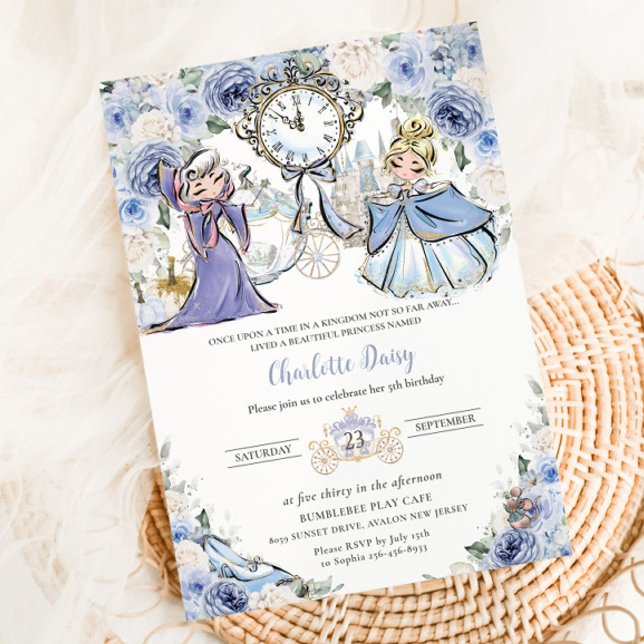 Invitación Princess Cinderella Fairytale Nacimiento Floral Az (cinderella-fairytale-princess-castle-pumpkin-carriage-blue-white-floral-birthday-invitation-card)