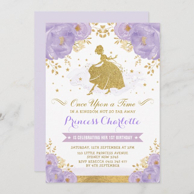 Invitación Princess Cinderella Purple Gold Floral Birday (Anverso / Reverso)