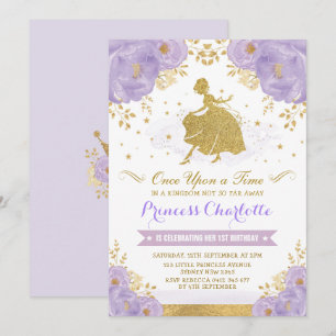 Invitación Princess Cinderella Purple Gold Floral Birday