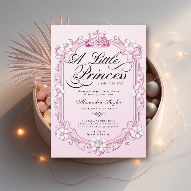 Invitación Princess Crown Diamonds Pearl Girl Shower (princess girl baby shower invitation crown diamonds pearls pink calligraphy elegant cute chic)