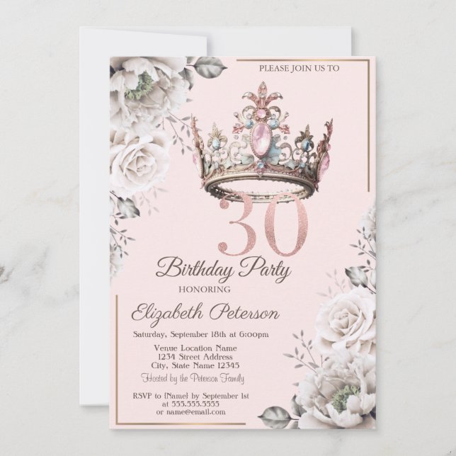 Invitación Princess Crown Floral Fiesta de Cumpleaños 30 (Anverso)