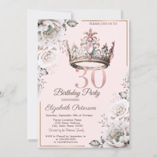 Invitación Princess Crown Floral Fiesta de Cumpleaños 30