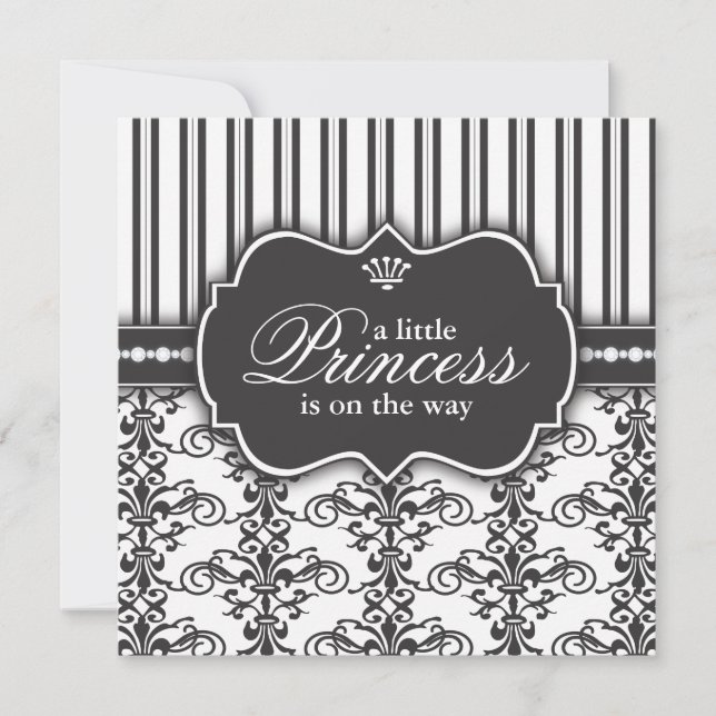 Invitación Princess Damask & Stripe Baby Shower en blanco y n (Anverso)