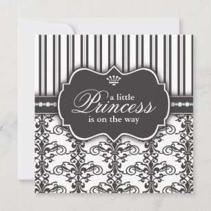 Invitación Princess Damask & Stripe Baby Shower en blanco y n