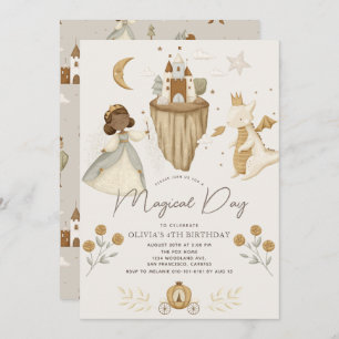 Invitación Princess Dragon Fairytale Dark Skin Chica Birthday