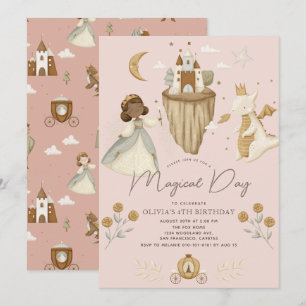 Invitación Princess Dragon Fairytale Dark Skine Pink Cumpleañ